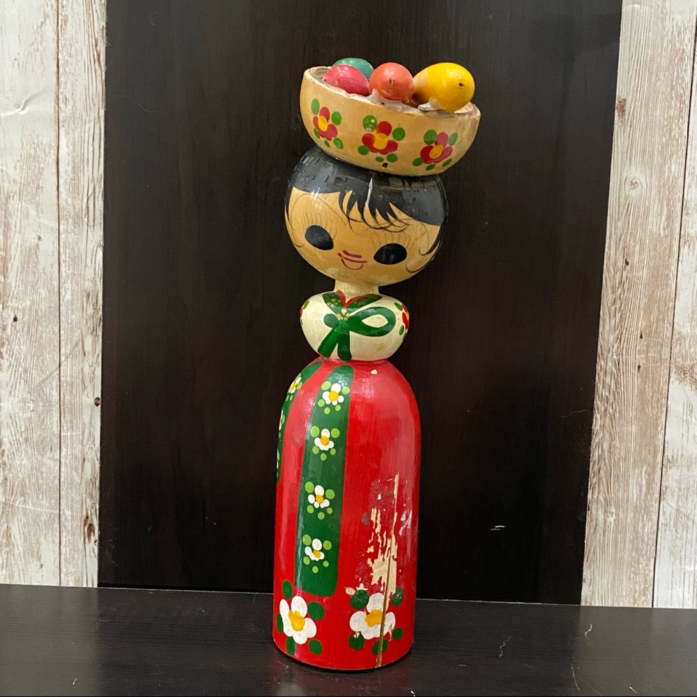 Vintage 9.75” Bobble Head Korean Kokeshi Doll